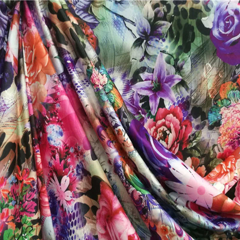 Good 4 Sides Stretch Milk Silk Knitted Fabric Color Purple Rose Pink Flower Printed Fabric Diy Sewing Big Swing Dress/Cheongsam