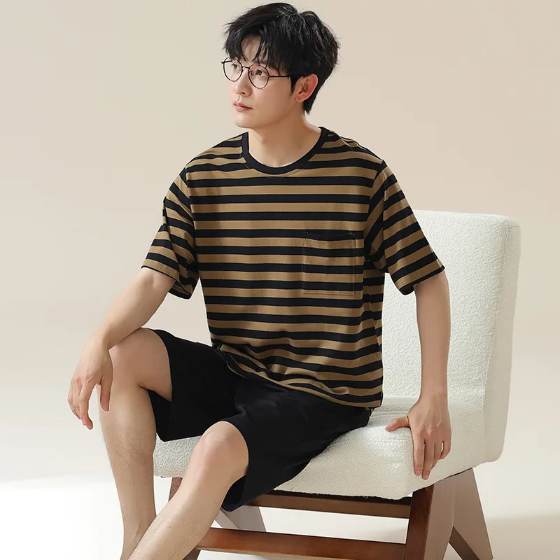 Striped Men's Summer Sleepwear Short Sleeves Shorts Pajamas Set Young Boy Loungewear Big Size L-3XL Pjs Pyjamas pyjama homme