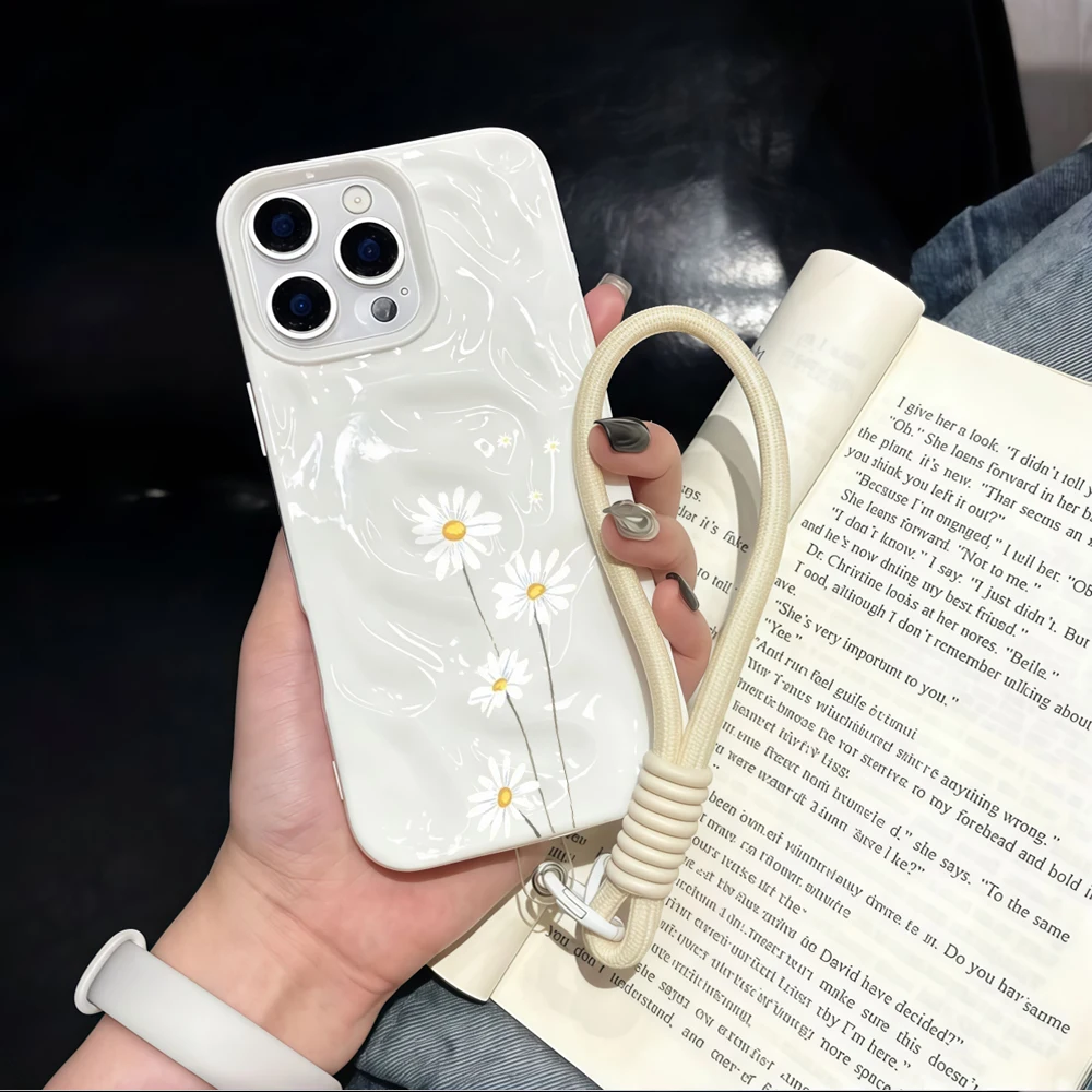 Einfache Gänseblümchen-Blumen-Silikon-Handyhülle für iPhone 17 15 13 11 12 14 16 17 Pro Max 14 15 Plus 17Air mit Lanyard-Hülle – Detail 2