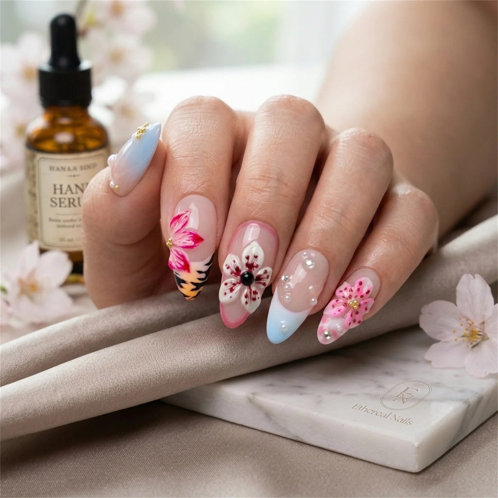 Press on Nails Resin 3D Embossed Smudge Design No Buffing Required for Summer Party Wedding Celebration Daily Fashion Wear