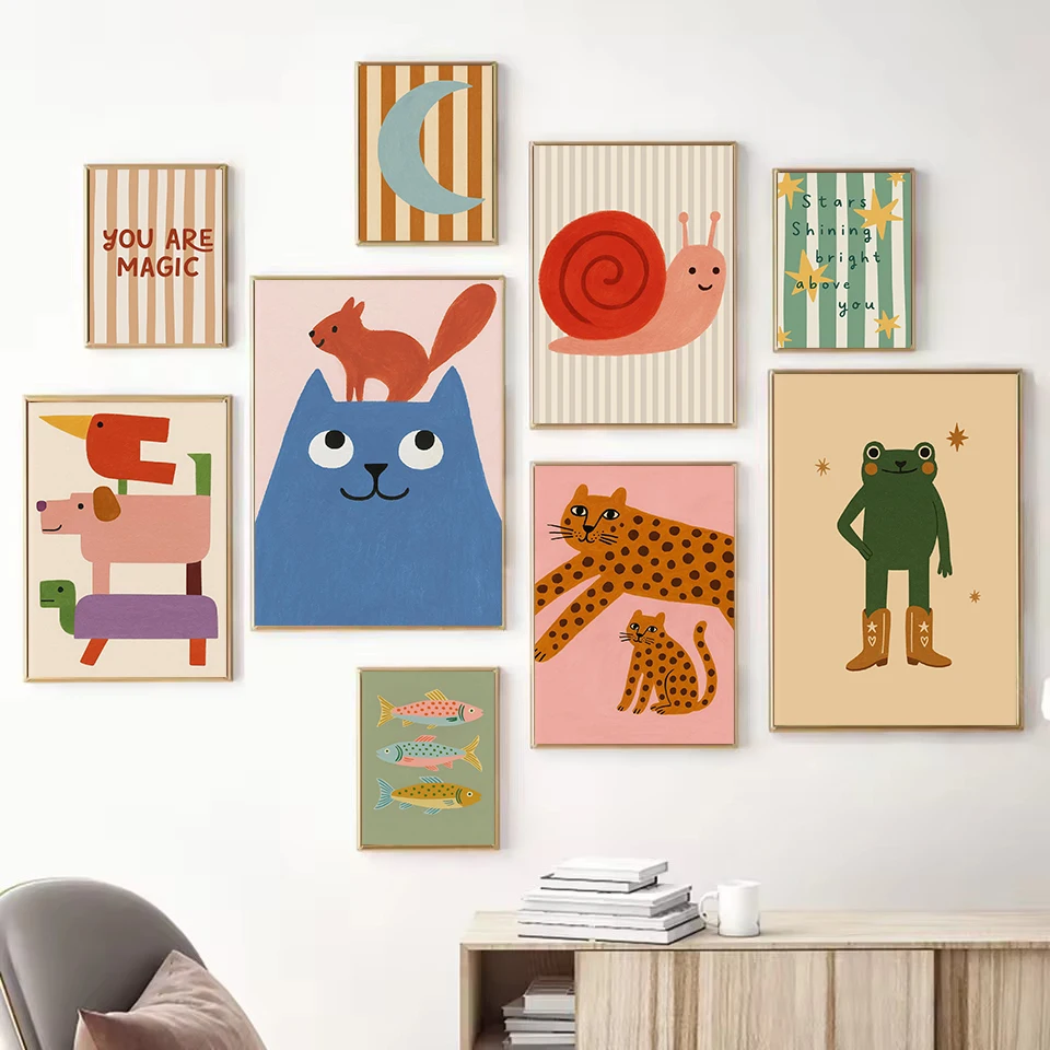 (No frame)Cartoon Abstract Animals Happy Snail Cowboy Frog Nordic Nursery Poster Prints Canvas Painting Wall Art Pictures Hom