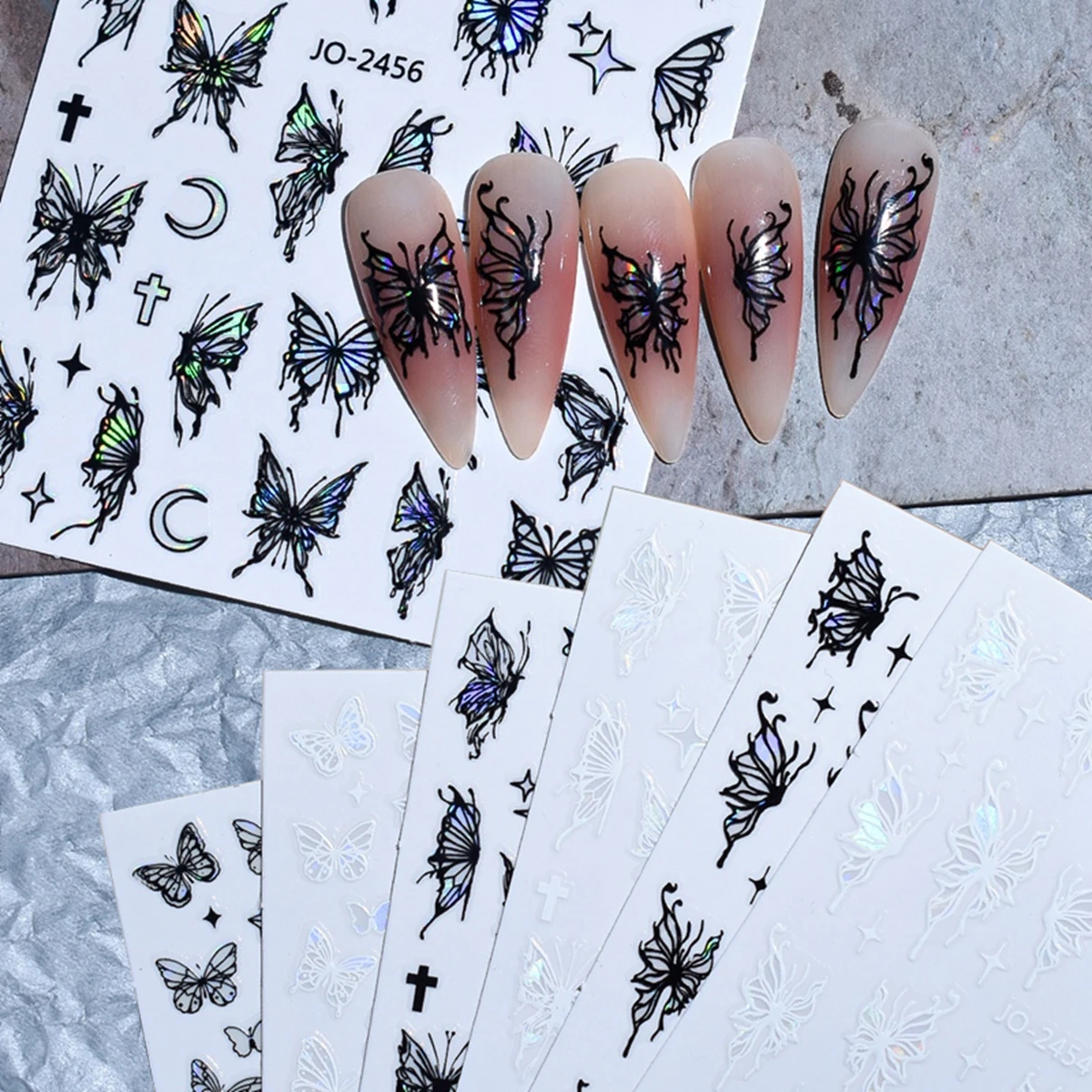 Aurora Butterfly Nail Design Stickers Black White Butterfly Pattern Dark Gothic Style Nail Art Decoration Decals