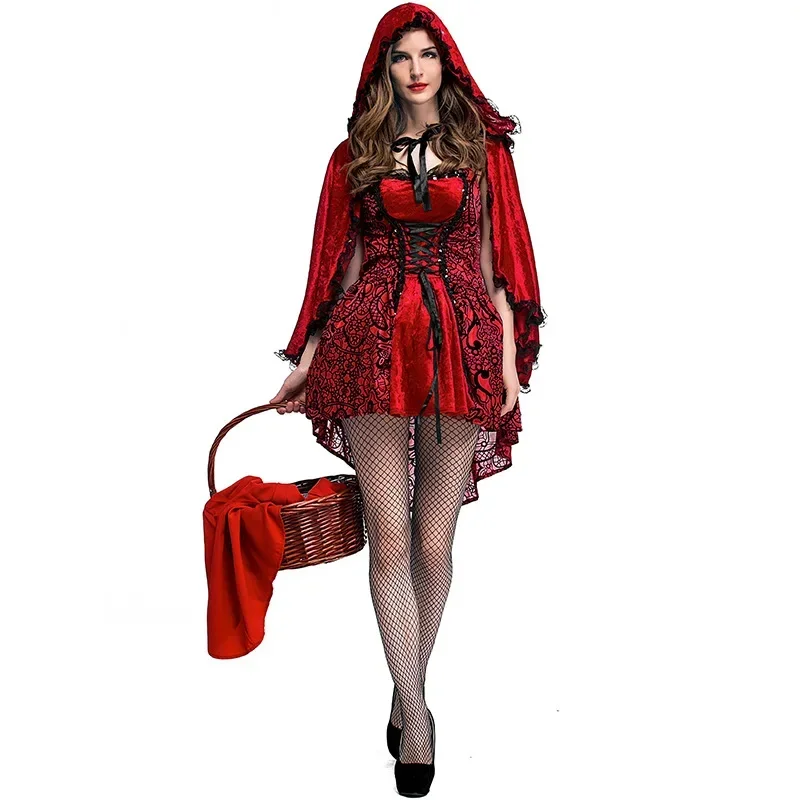 Costume du Petit Chaperon Rouge pour Femme Adulte, Robe de Barrage Fantaisie d'Halloween, Tenue de Cosplay de ix, Dégradé