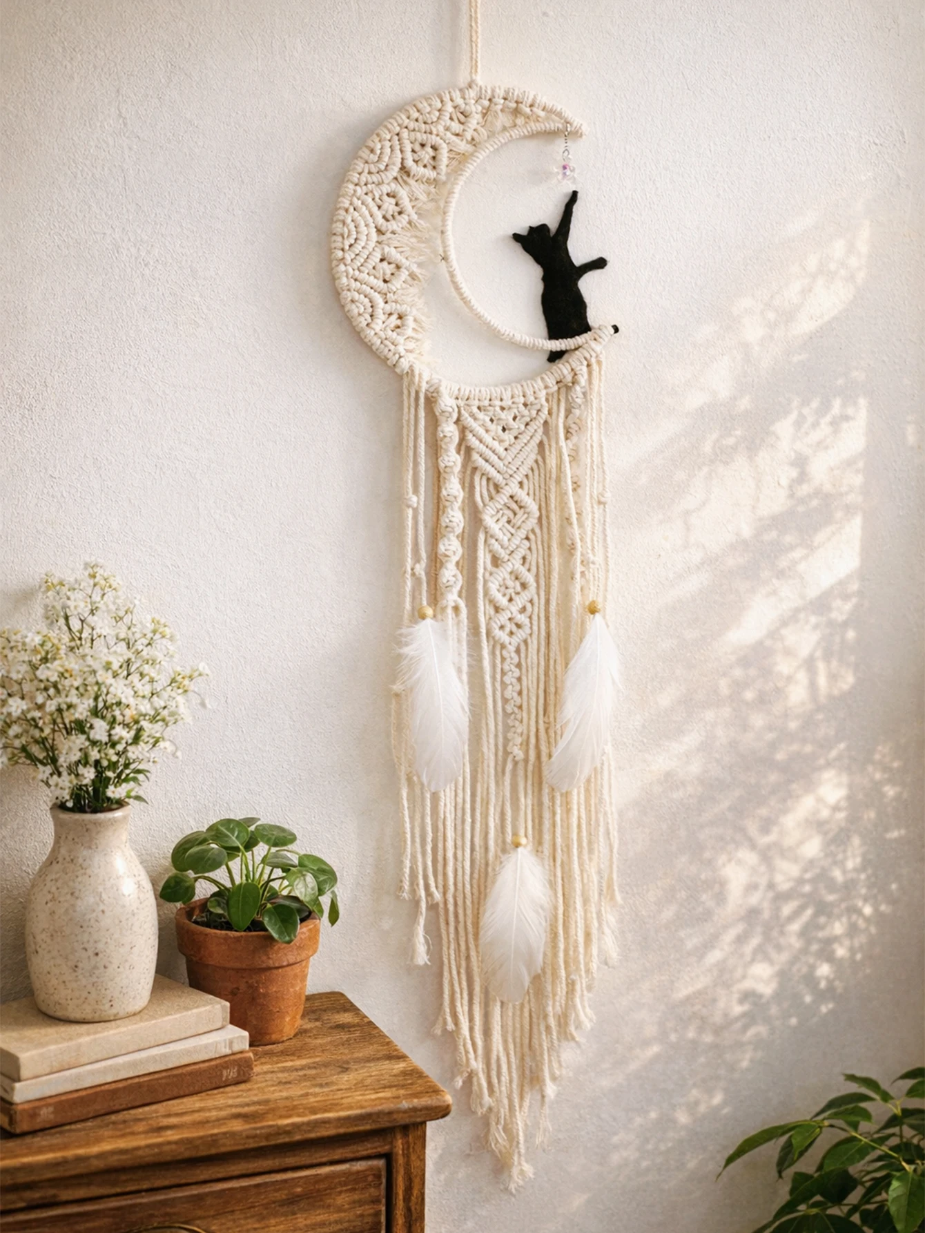 Boho Macrame Moon Cat Dreamcatcher Wall Hanging, Handmade Cotton Woven Art Tapestry with Feathers for Bedroom Nursery Decor Gift