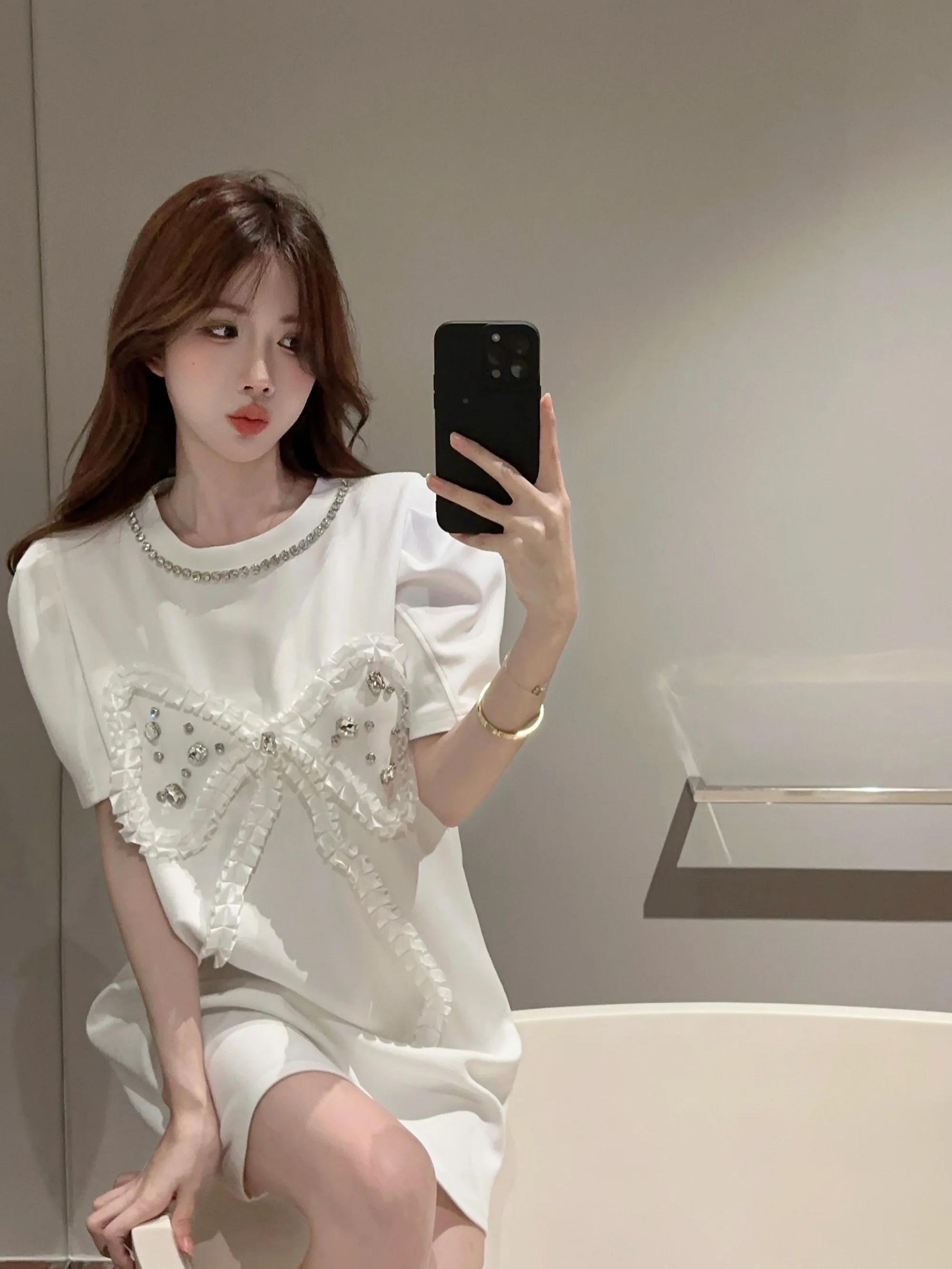 Mode nagel kraal helder diamant ontwerp korte mouw jurken zomer Franse zoete leeftijd verminderen westerse stijl casual T-shirt jurk