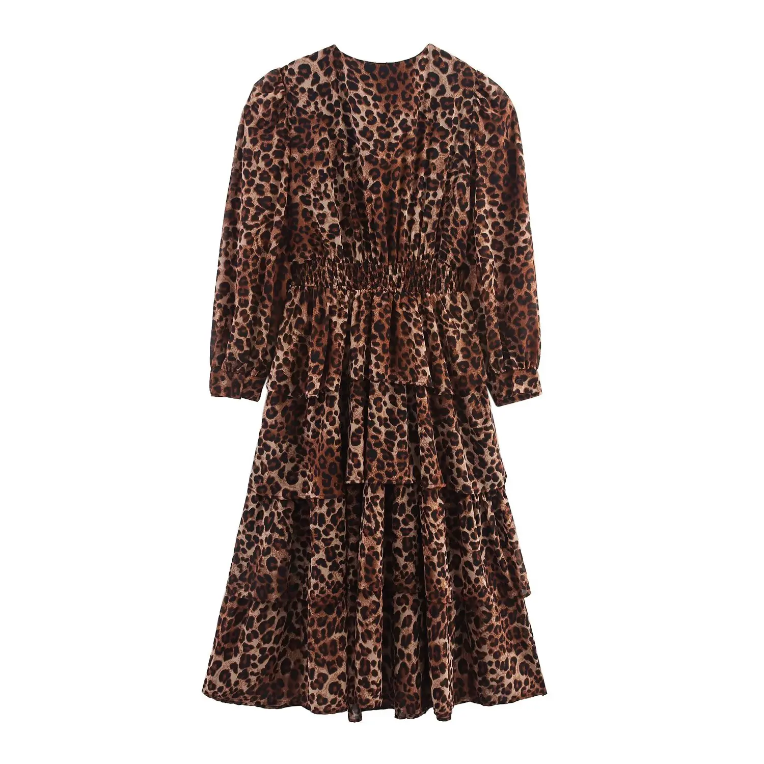 Vestido f e e casual de poliéster com estampa de leopardo, decote em V, cintura ajustada e saia em camadas esti...