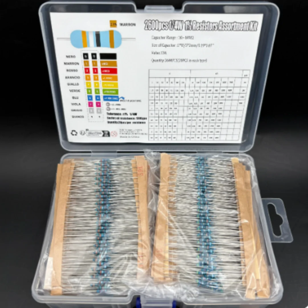 1/4W (0.25 Watt) 5-band 1% Tolerance Metal Film Resistor Assortment, 1 Ohm to 10M Ohm, 20 Pieces Each of 130 Types, Total 2600 P