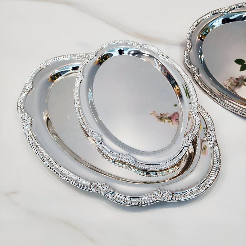 

European-Style Silver-Plated Metal Plate Afternoon Tea Fruit Cake Decorative Tray Baking Wedding Dessert Table Vintage Ornament