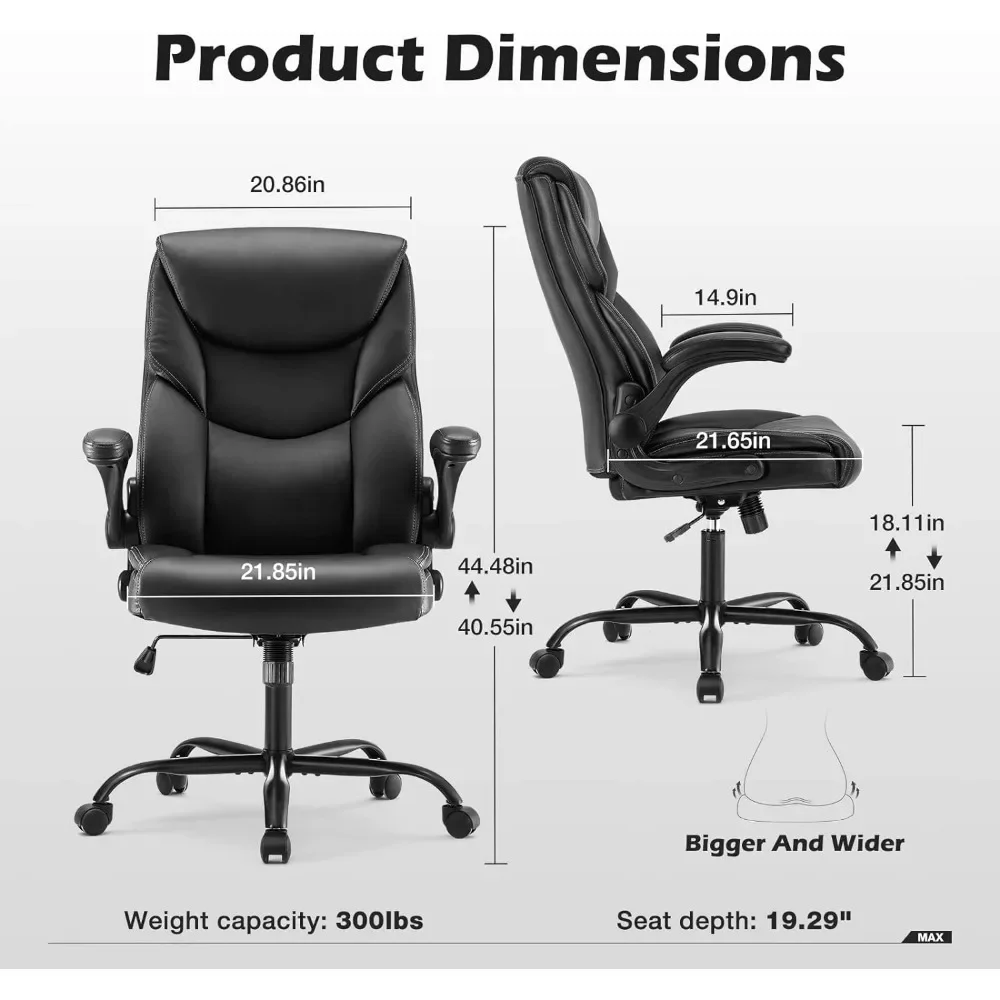 Executive Hoge Rug Groot En Hoog Lederen Bureau Stoelen Flip Lendensteun, Verstelbare Hoogte, Wielen, Zacht Gewatteerd, Zwart