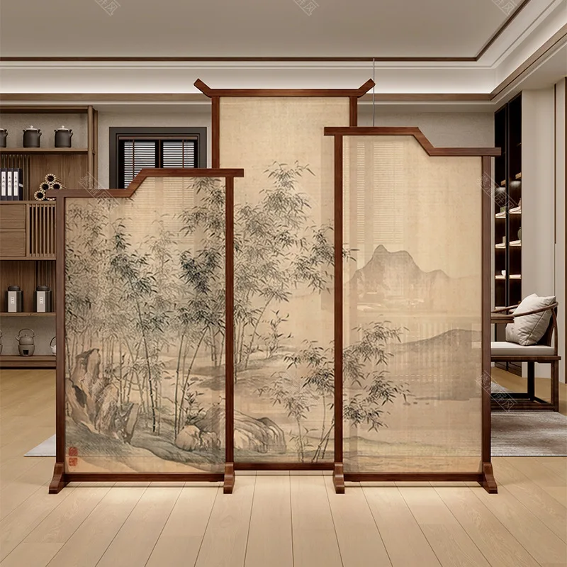 New Chinese-style movable seat screen entry entrance office living room decoration blocking retro bamboo forest solid wood scree