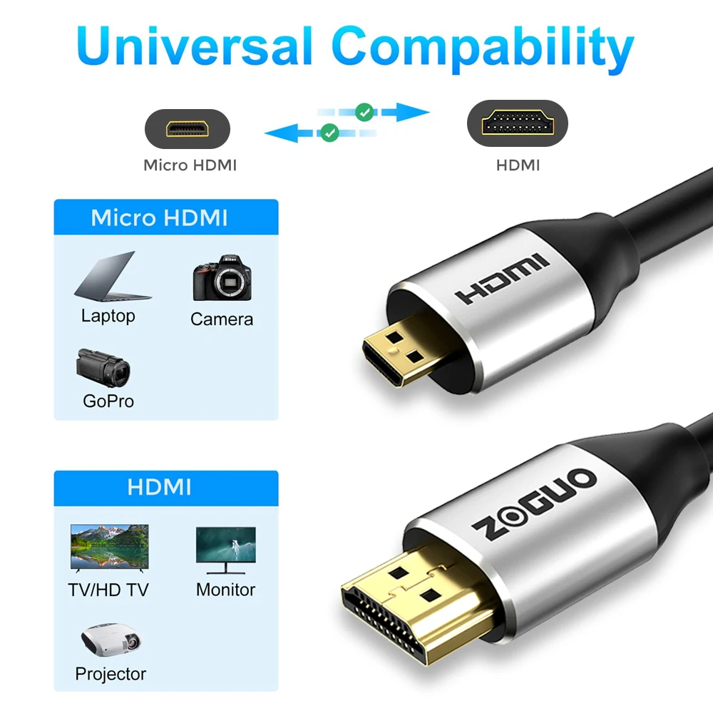 ZOGUO High Speed Micro HDMI to HDMI  2.0 Cable 4K 3D 1080P for Tablet Camcorder MP4 4K 60HZ HDTV Camera Projector Micro HDMI