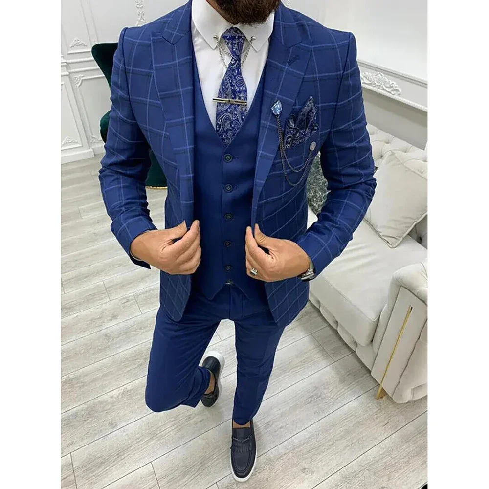 

New Blue Plaid Men Suit Three Pieces (Jacket+Pants+Vest)Set Peaked Lapel Casual Overcoat Formal Business Daily Tailored