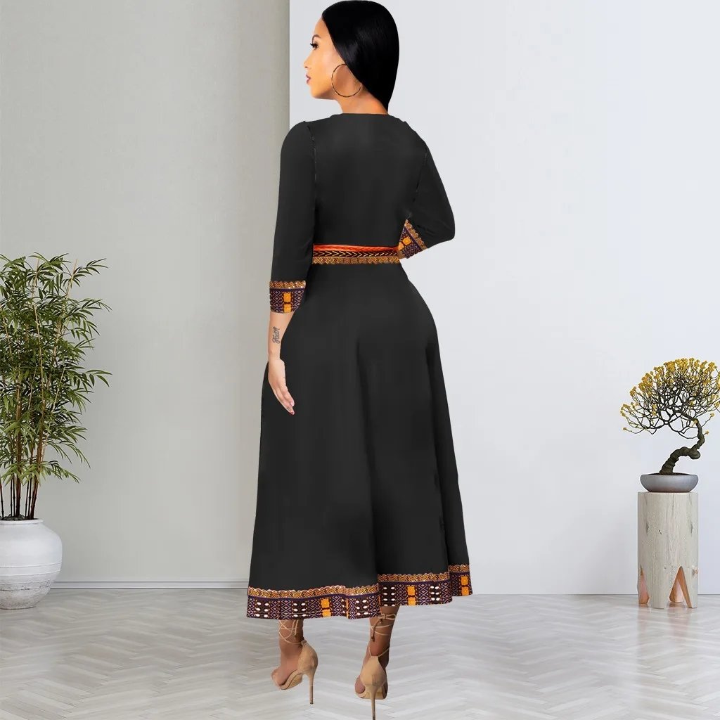 2024 New Dresses for Women Tribal Print V-neck 3/4 Sleeve Dress Estidos De Mujer Casual Elegant Maxi Robe Female