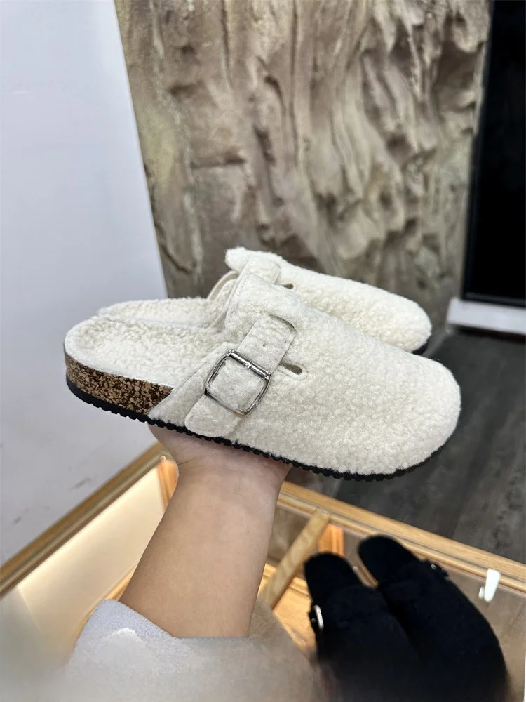 

Warm Teddy Fleece Slip-Insulated Anti-Slip Cork Sole Casual Birkens for Men And Women Winter Leisure Half-Fur Slippers