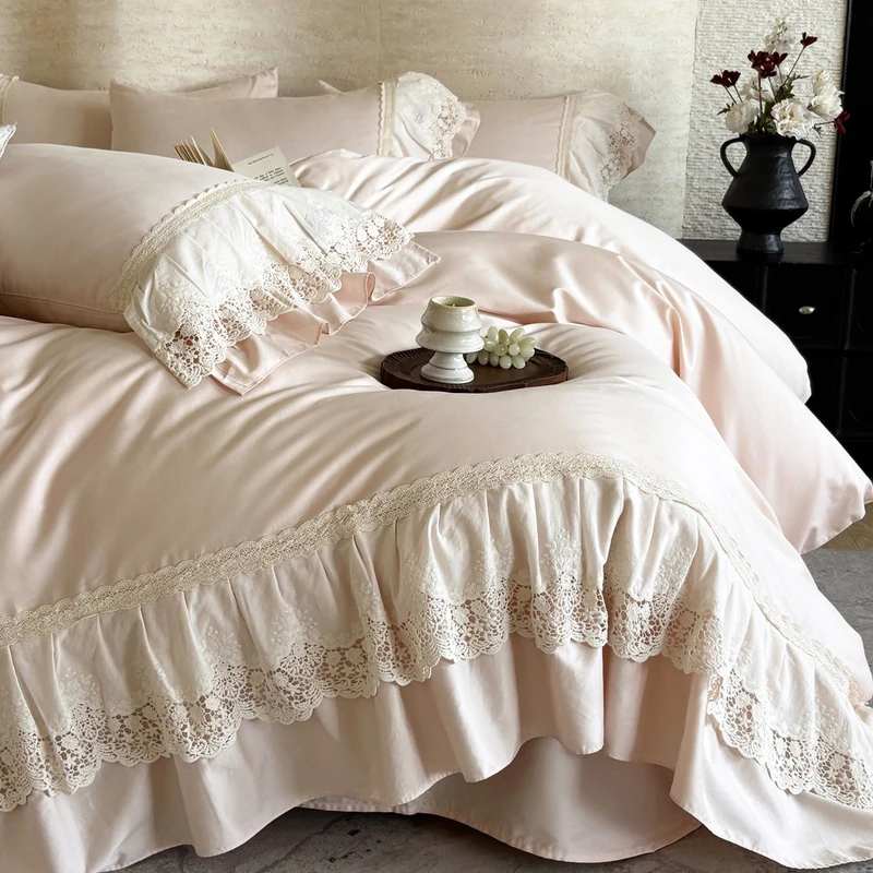 

600TC Egyptian Cotton Romantic Lace Ruffles Princess Bedding Set Queen King Size Duvet Cover Flat/Fitted Sheet Pillowcases 4Pcs