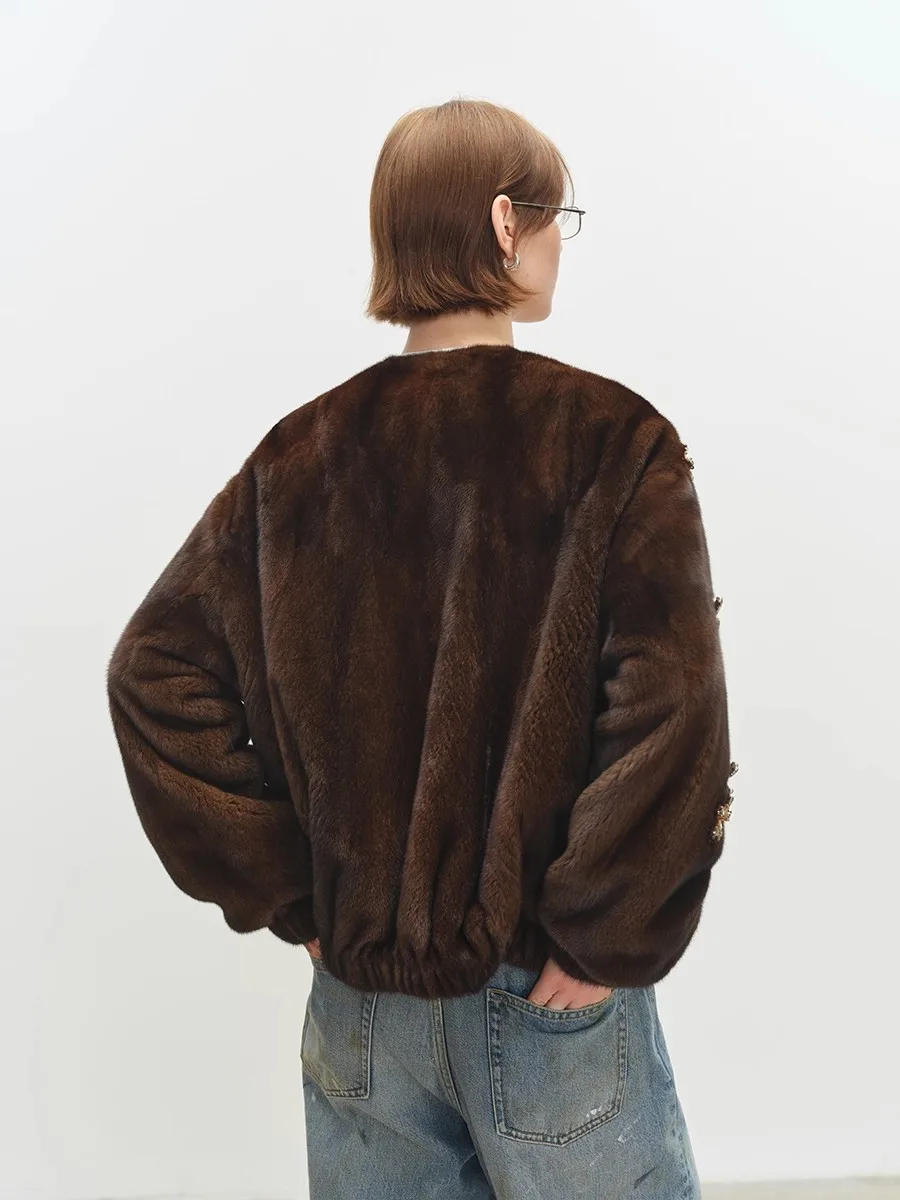 Lautaro Winter Luxury Elegant Thick Warm Soft Brown Short Faux Mink Fur Coat Women Beading Loose Stylish Chic Fluffy Jacket