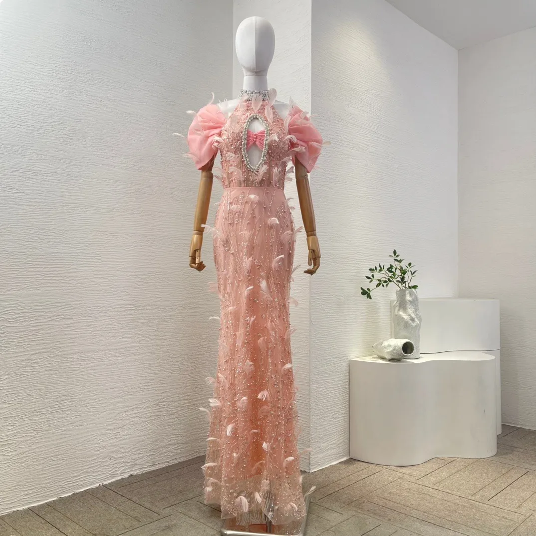 Pink Sequins Pearls Feather Slit Hem Feather Lace Short Sleeve Halter Maxi Dress for Woman