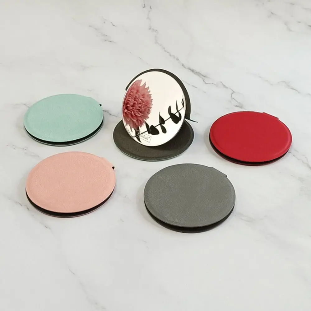 Stainless steel Round Makeup Mirror Foldable Cosmetic Compact Pocket Mirror Vanity Mirror Desktop Stand Desktop PU Small Mirror