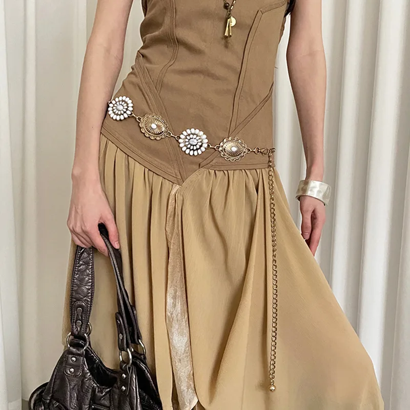 

Поясная цепочка в богемном этническом стиле в стиле ретро, женская инкрустация цветком для тяжелой промышленности, платье, пояс, металлический пояс