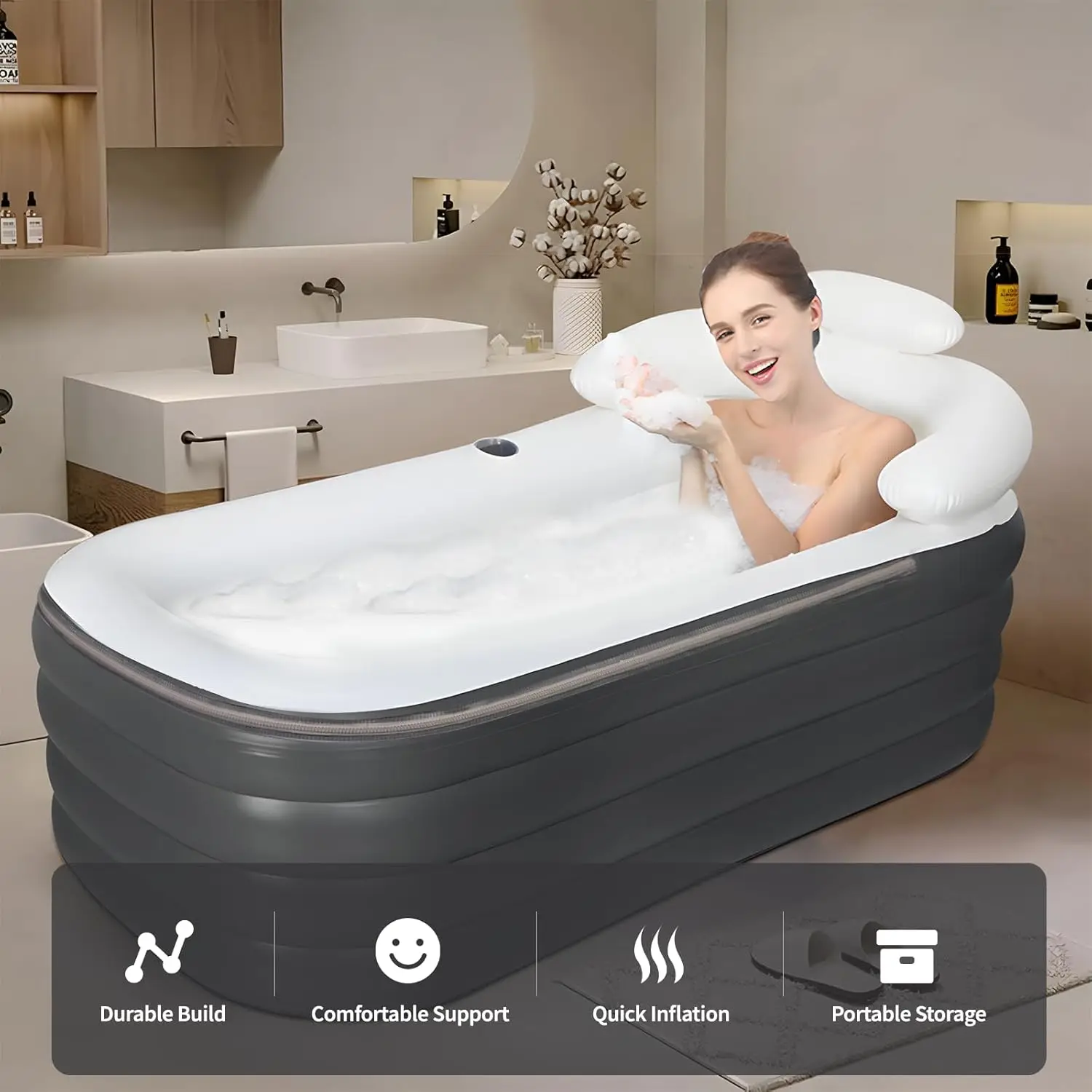 

Inflatable Bathtub, Portable Bathtub Adult with Electric Air Pump, Freestanding Foldable Spa Tub with Backrest Cup Holder