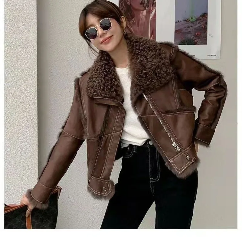 Winter Fashion Bestseller Is Monochrome Stylish Short Jacket with Fur Collar Motorcycle Style It's High-end Outerwear for Women.