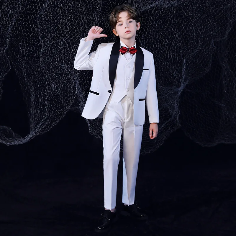 

Children Shining White Luxurious Jacket Vest Shirt Pants Bowtie 5PCS Party Dress Boys Photograph Suit Kids Performance Costume