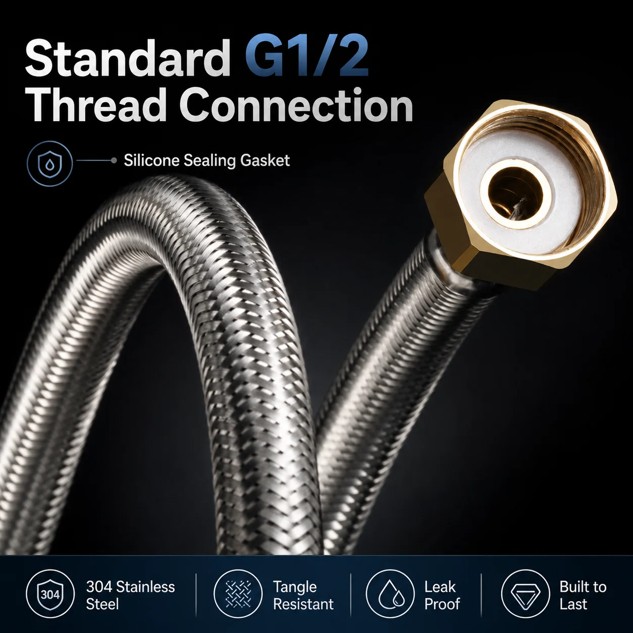 G1/2 304 Stainless Steel Braided Hose with Brass Nut Explosion-Proof Inlet Flexible Pipe for Toilet Water Heater Faucet