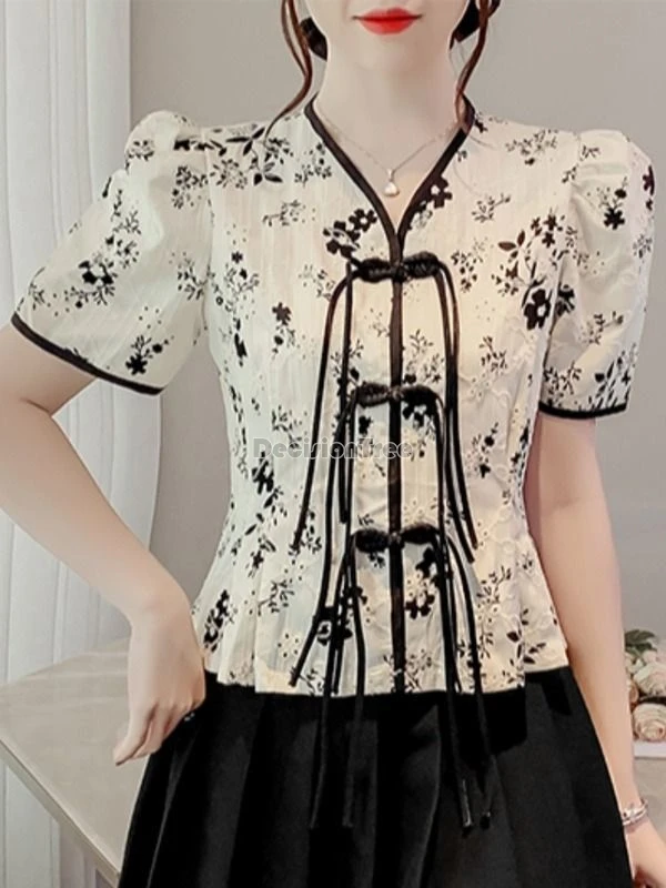 2024 chinese style improved tang suit top sexy v-neck button tassel lantern sleeve blouse elegant exquisite printing chiffon top