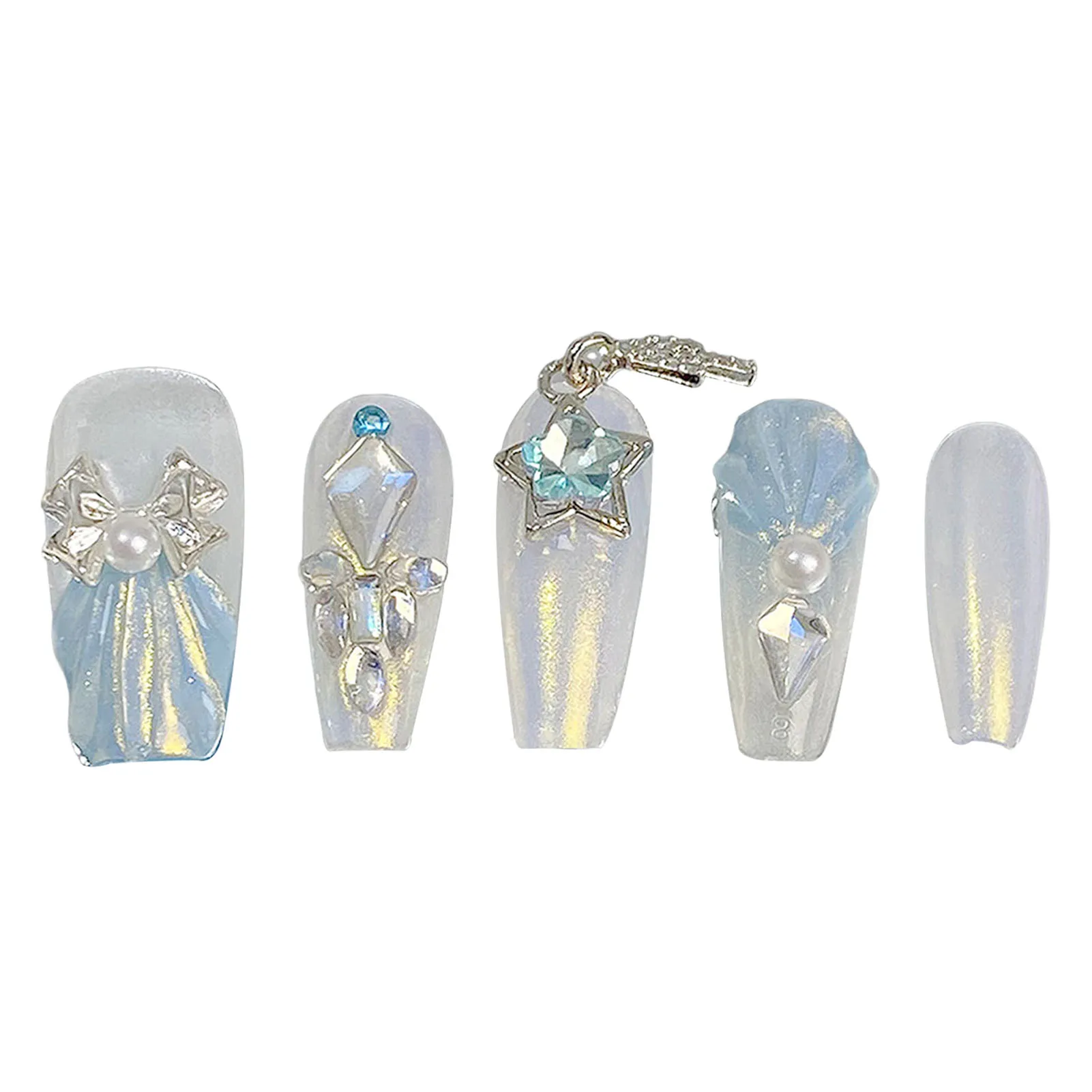 Blue White False Nails with Pearls Sweet & Charming Reusable False Nails for Stage Performance Wear