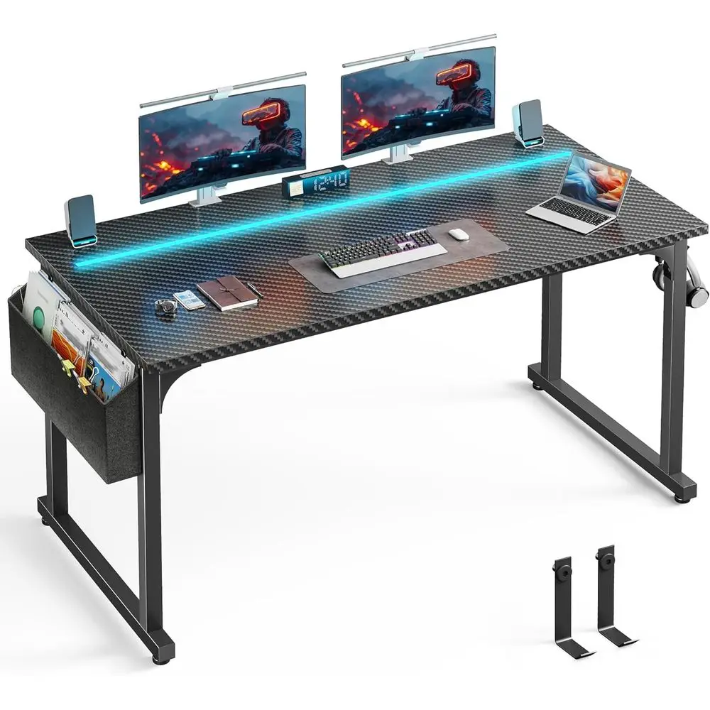 

55 LED-lit Gaming Desk, Storage & Cable Management, Metal Frame, Black