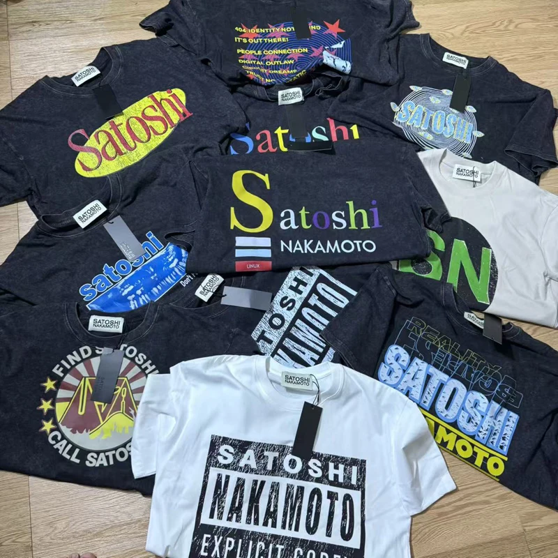 American Streetwear Satoshi Nakamoto T-shirt High Quality Retro Washed Short Sleeve Casual Loose Tee