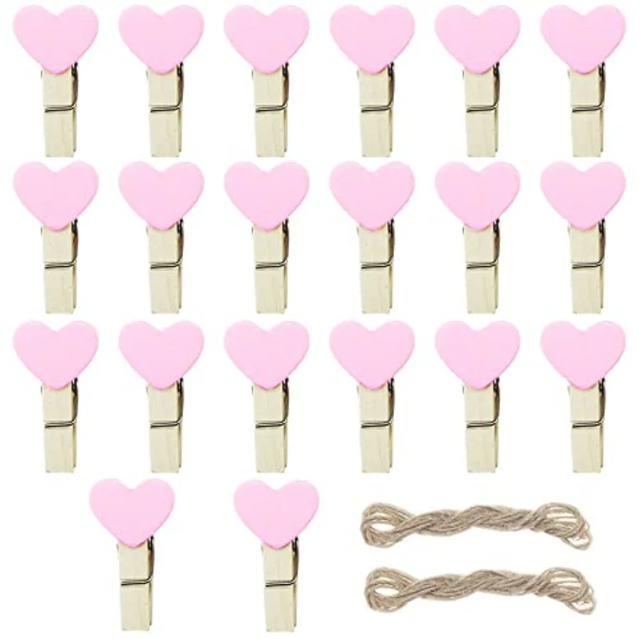 Pink Heart Clothespins Mini Wooden Clothespins with Jute Twine Small Decorative Wood Peg Pin Craft Clips for Pictures Photo Mem