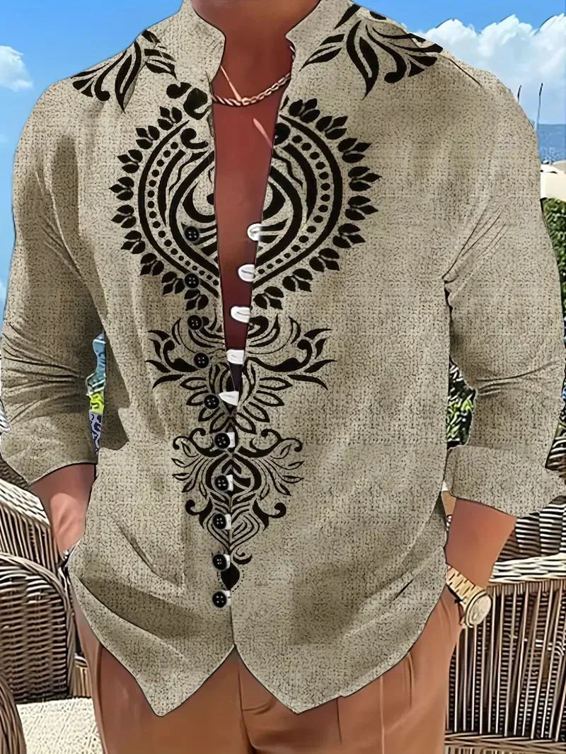 New Linen Long Sleeve Shirt Men Button Fashion Trendy Boat Anchor Pattern Fit Comfortable New Vintage Top