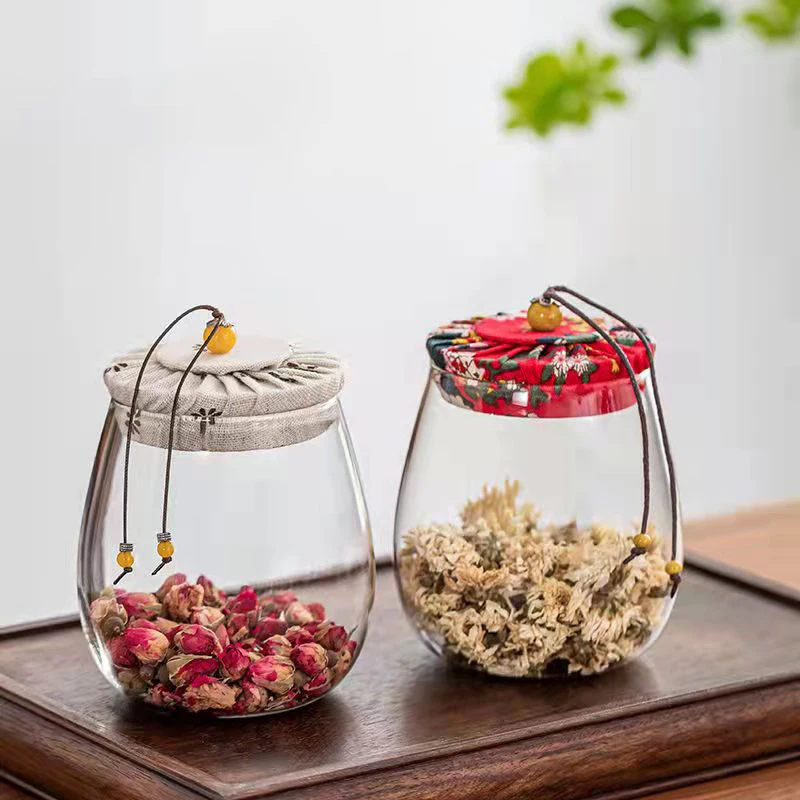 350ML Fabric Wood Cover Glass Tea Caddy High Quality Kitchen Storage Airtight Canister Coffee Rice Food Candy Jar Variety Styles