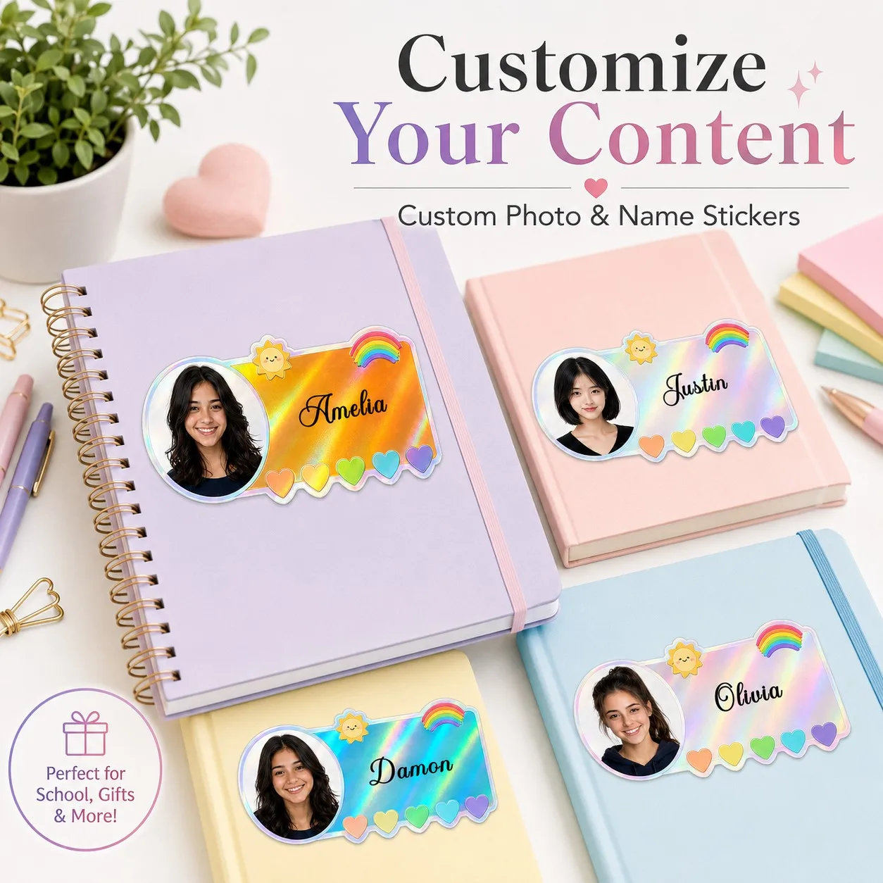 Customized Photo Name Holographic Stickers｜Personalized Laser Name Labels, Suitable for School Supplies, Office Storage, Gifts, and Event Decorations, with a Cute Rainbow Sun Design