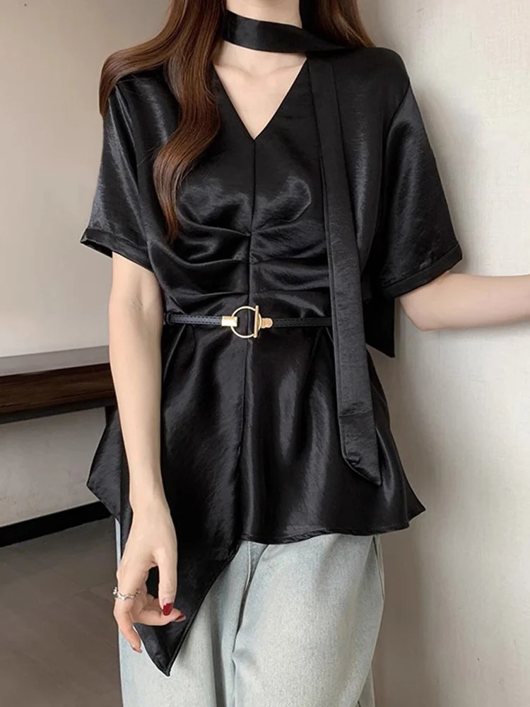 

French Elegant Blouses Solid Color Pleated Irregular Shirts V Neck Short Sleeve Shirts Summer Female Slim Design Women Clothing