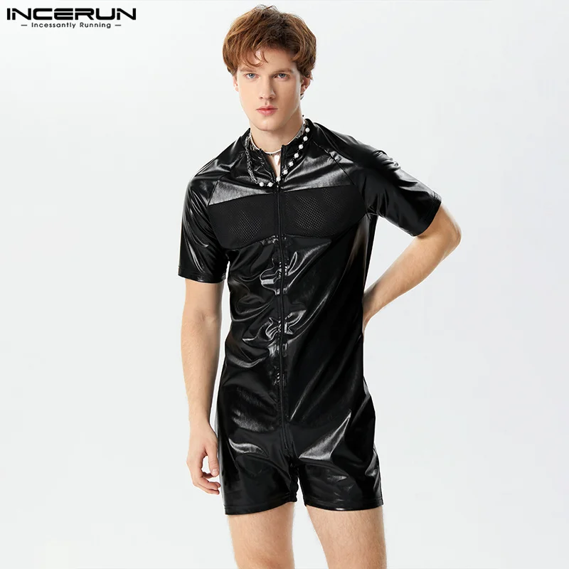 INCERUN 2024 Sexy Men\'s Fashion Jumpsuits Mesh Patchwork Casual Faux Leather Fabric Rompers Solid Short Sleeved Bodysuits S-3XL