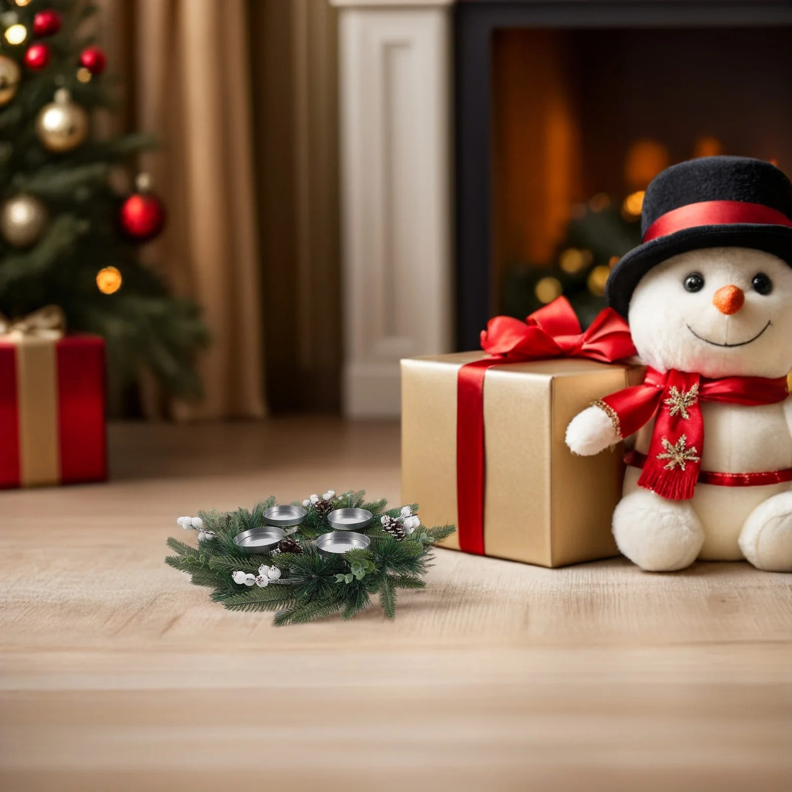 

Christmas Advent Wreath Artificial Pine Ring 15.72 Inch Berries Pine Cones Holiday Centerpiece Holder Fireplace