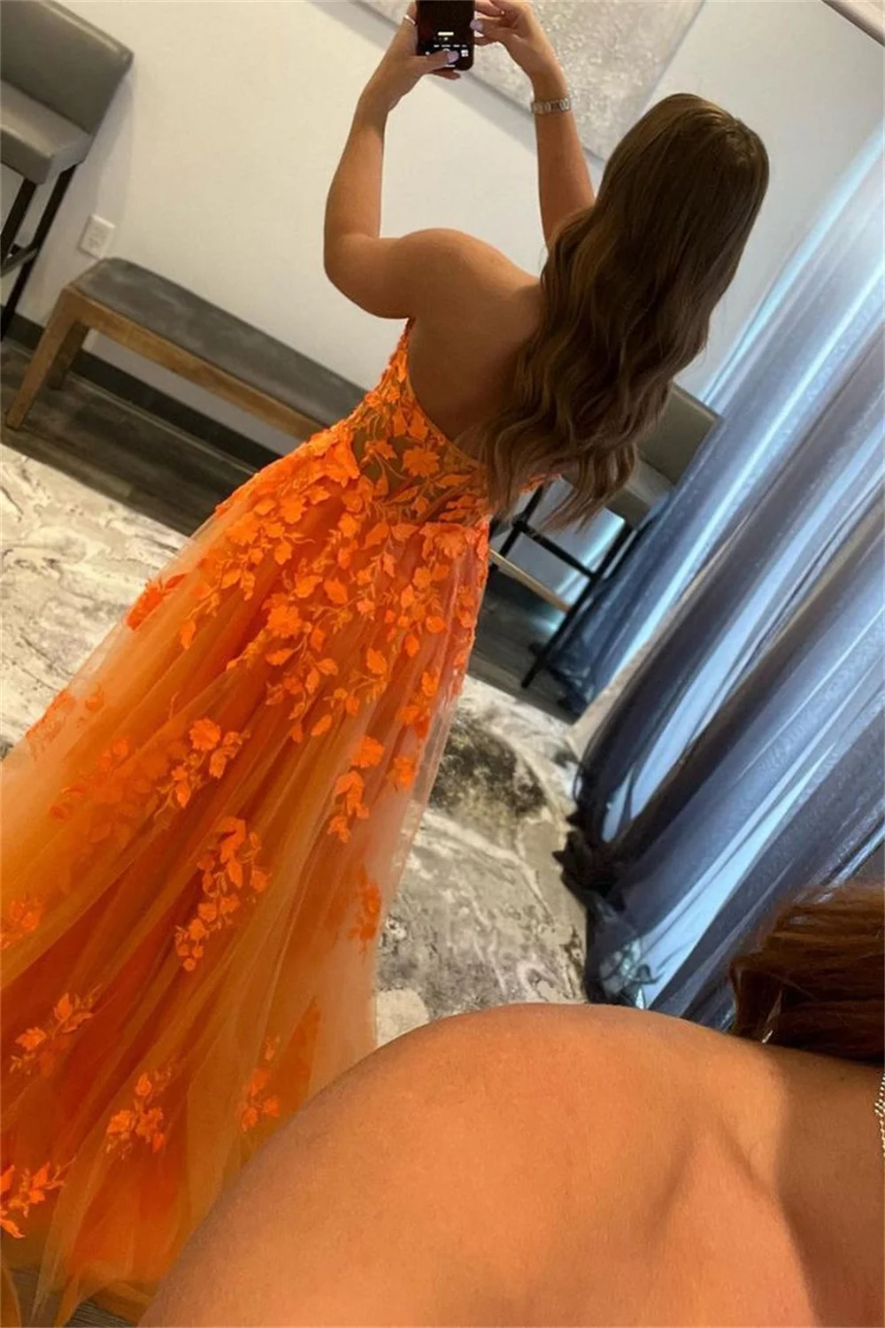 Amanda Orange A-line فساتين السهرة Sexy Flower Embroidery Tulle Sleeveless Prom Dress 2023 Princess Strapless Lace Prom Gown