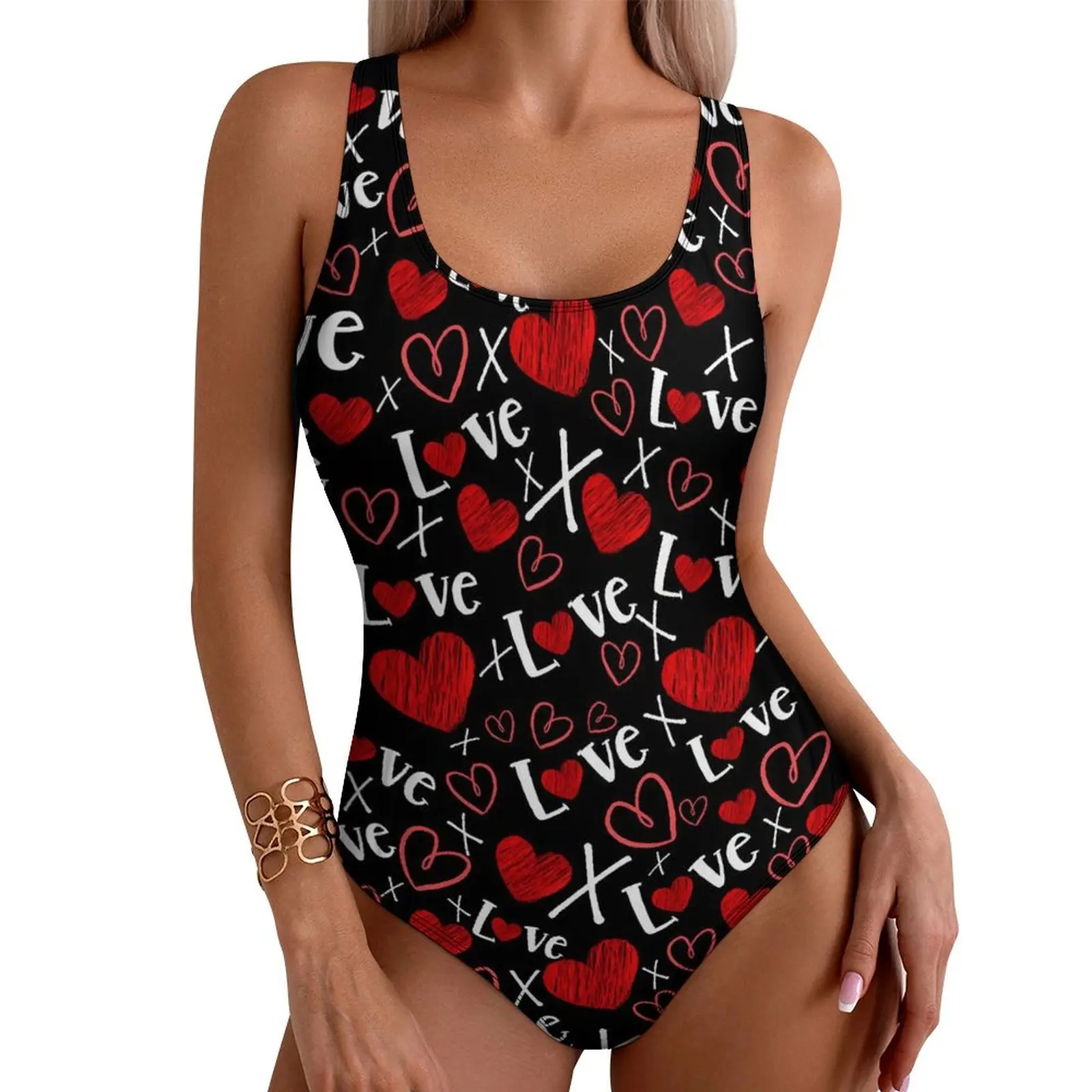 Love And Hearts Swimsuit Valentine Swimwear One Piece Sport Graphic Bodysuit Hollow Out Monokini Female Push Up Sexy Beach Wear