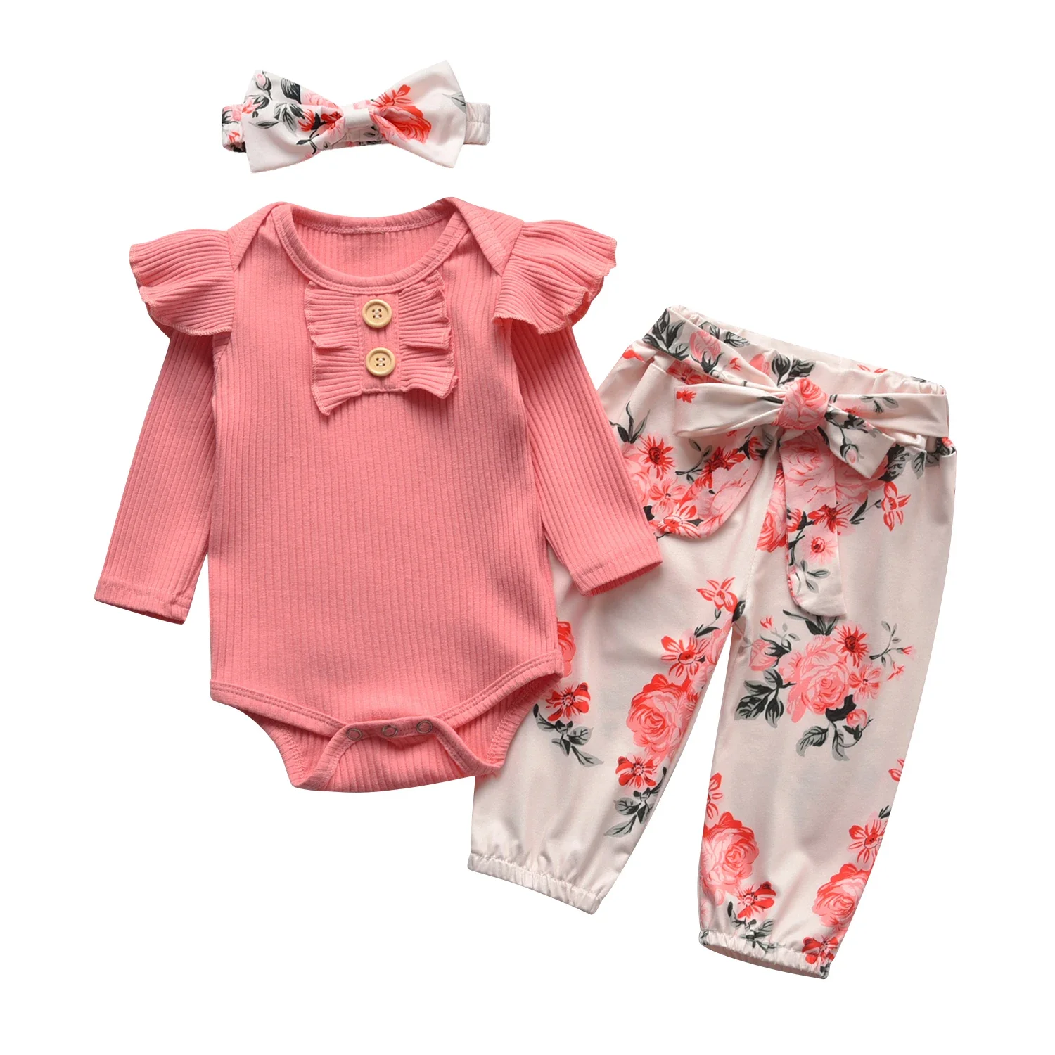 Newborns Infant Baby Girl 3pcs Clothing Set Cute Ruffle Trim Romper Top and Floral Pants Hairband Long Sleeve Outfit for Girls