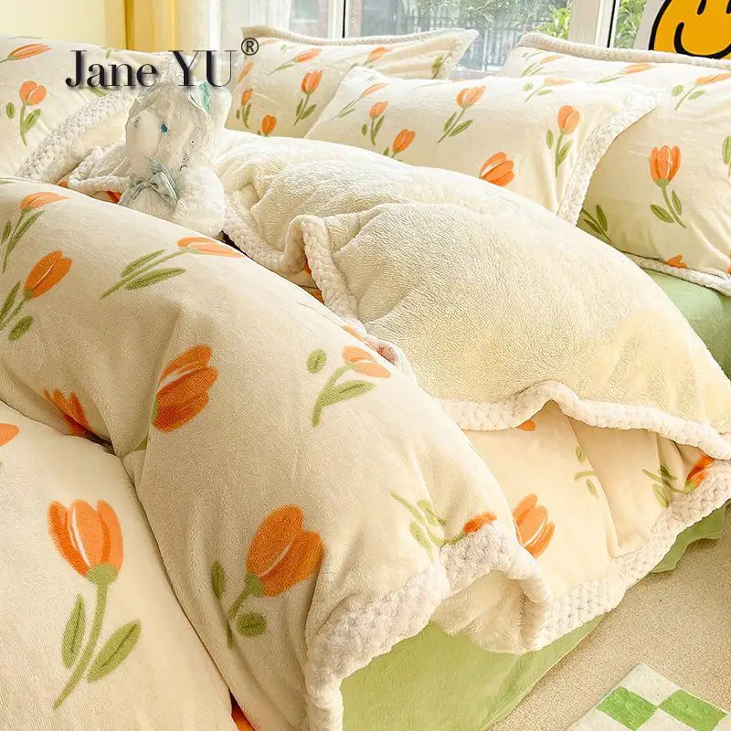 

Thickened Double-sided Milk Fleece Bed Set Of 4pcs Winter Lamb Fleece Bedding Coral Fleece Quilt Cover Sheet Bedding Sets