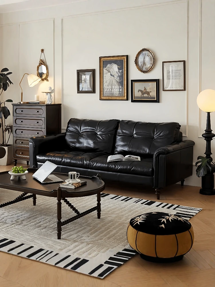 

American retro leather sofa living room small apartment modern simple black straight row three-person light luxury leisure sofa