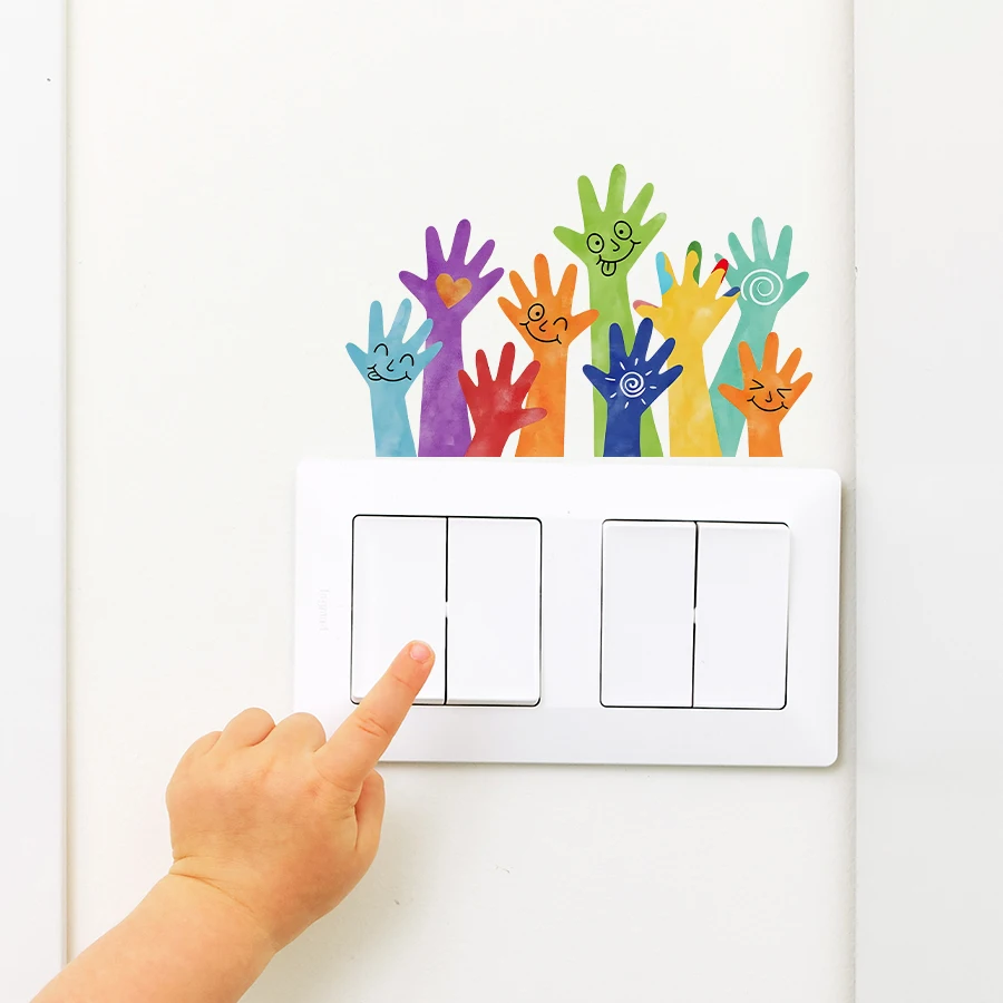 Cute Hand Print Light Switch Sticker Colorful Smile Face Wall Decal For Kids Room Self-Adhesive Vinyl Switch Cover Decoration