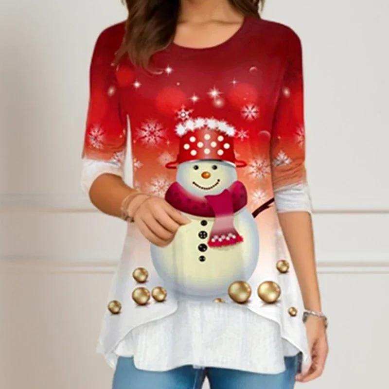 Primavera otoño nuevos productos sueltos Vintage Navidad Tops ropa Casual estampado navideño mujer camiseta cuello redondo señoras mangas largas