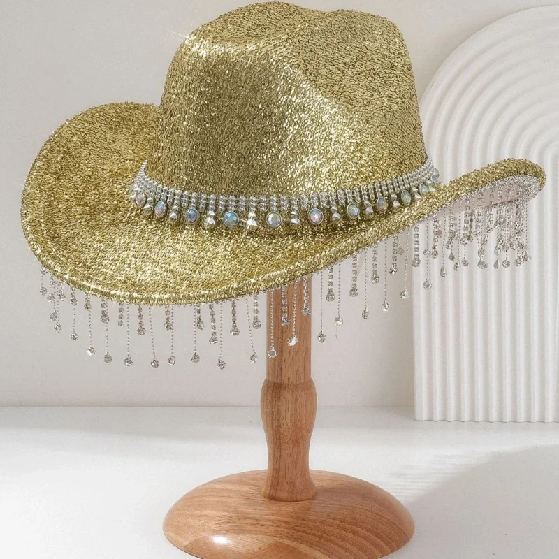 

Luxury Fedoras Men's Hats with Wide Bride Sparkling Cowboy Caps Heavy Crystal Rhinestones Bachelorette Party Actor Actress Hat