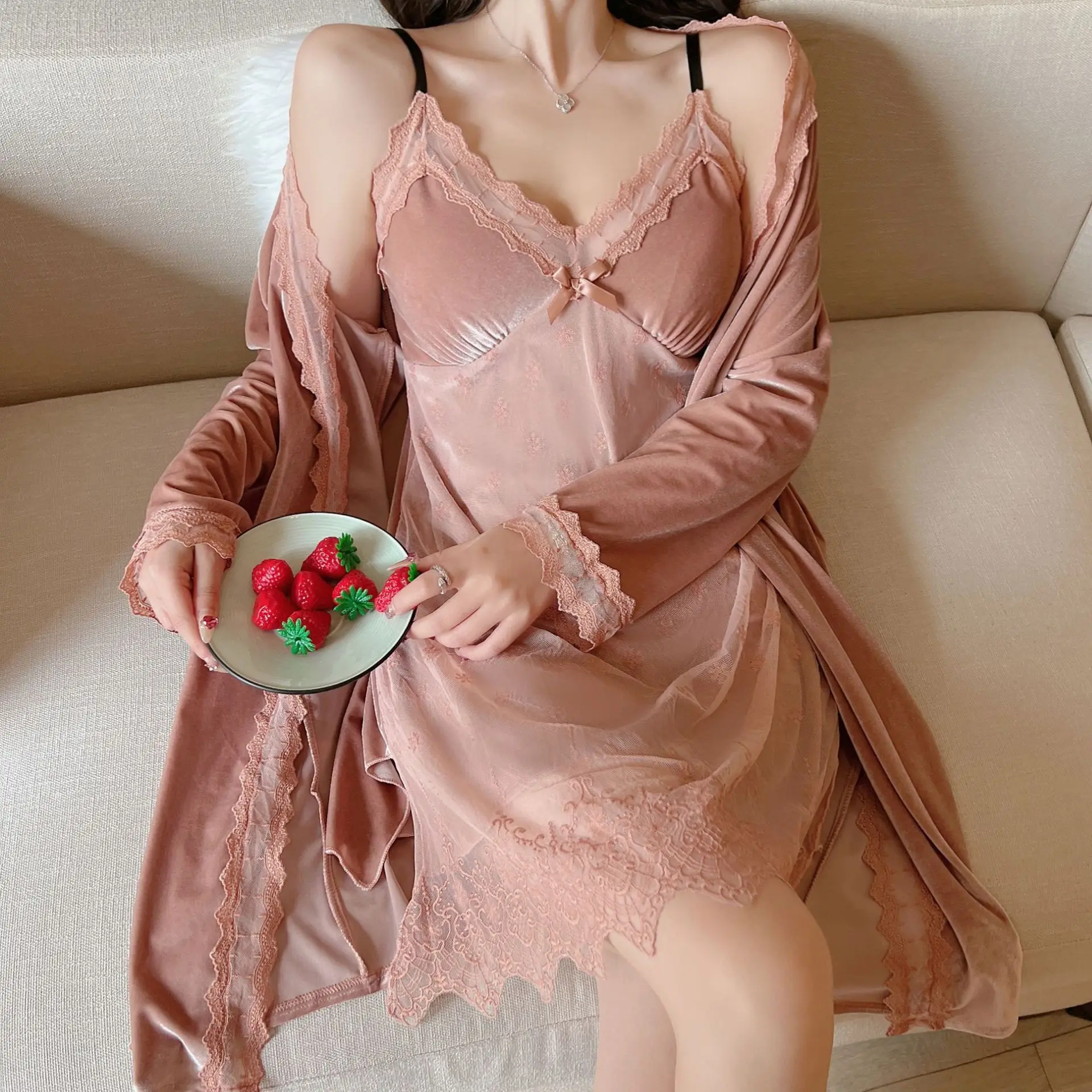 

Two Piece Velour Bathrobe Set Women Lace Kimono Dressing Gown Bride Nightdress Spring Velvet Robe Nightgown Suit Lingerie