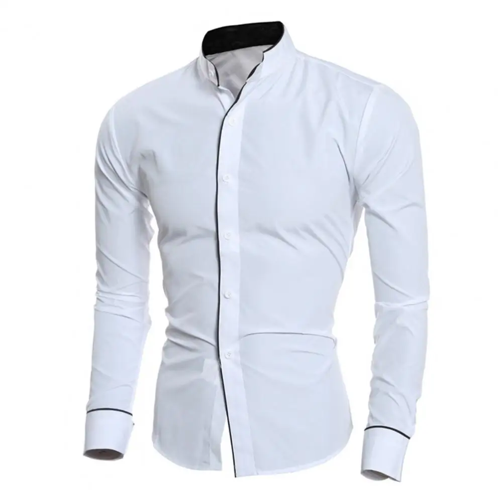 Men Casual Formal Shirt Long Sleeve Slim Business Dress Shirts Top Single-breasted Stand Collar Contrast Color Line Autumn Shirt