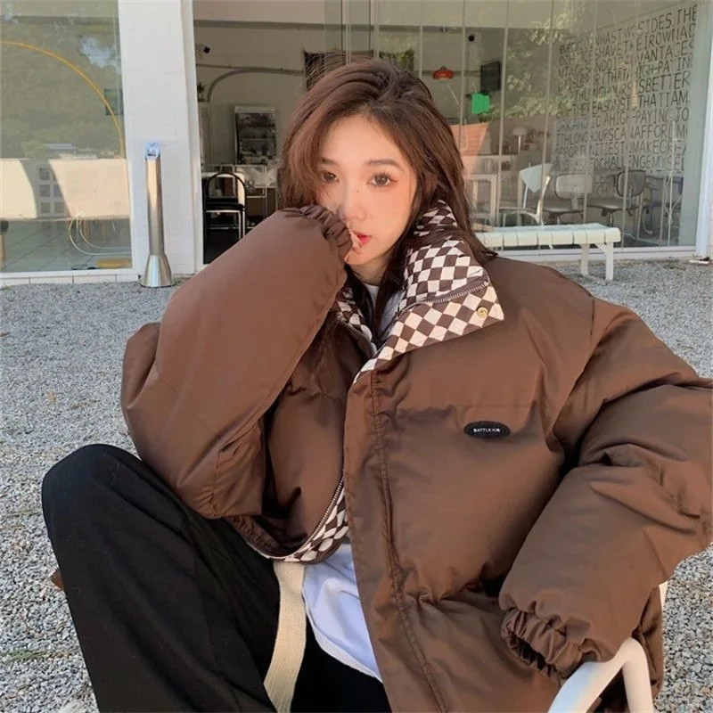 Checkered cotton jacket for women, winter retro Hong Kong style thick and loose bread jacket