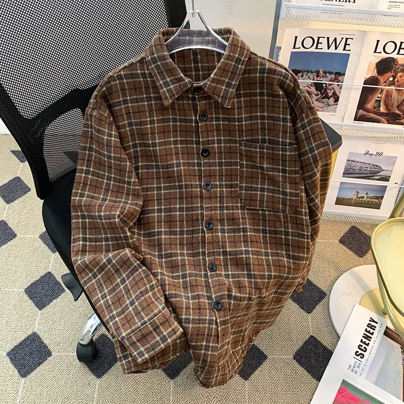 2025 checkered long sleeved shirt, Japanese style Hong Kong style loose shirt, men's summer trend versatile casual jacket